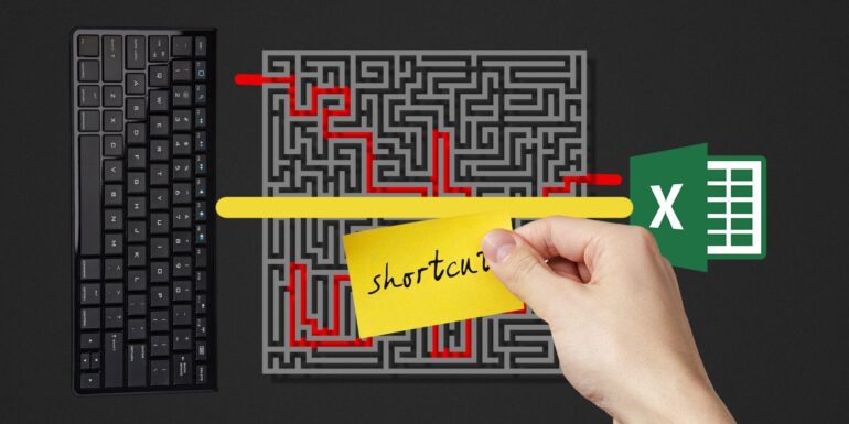 Keyboard beside a maze graphic illustrating shortcut paths and productivity, with a hand holding a note labeled “shortcut” and an Excel icon.