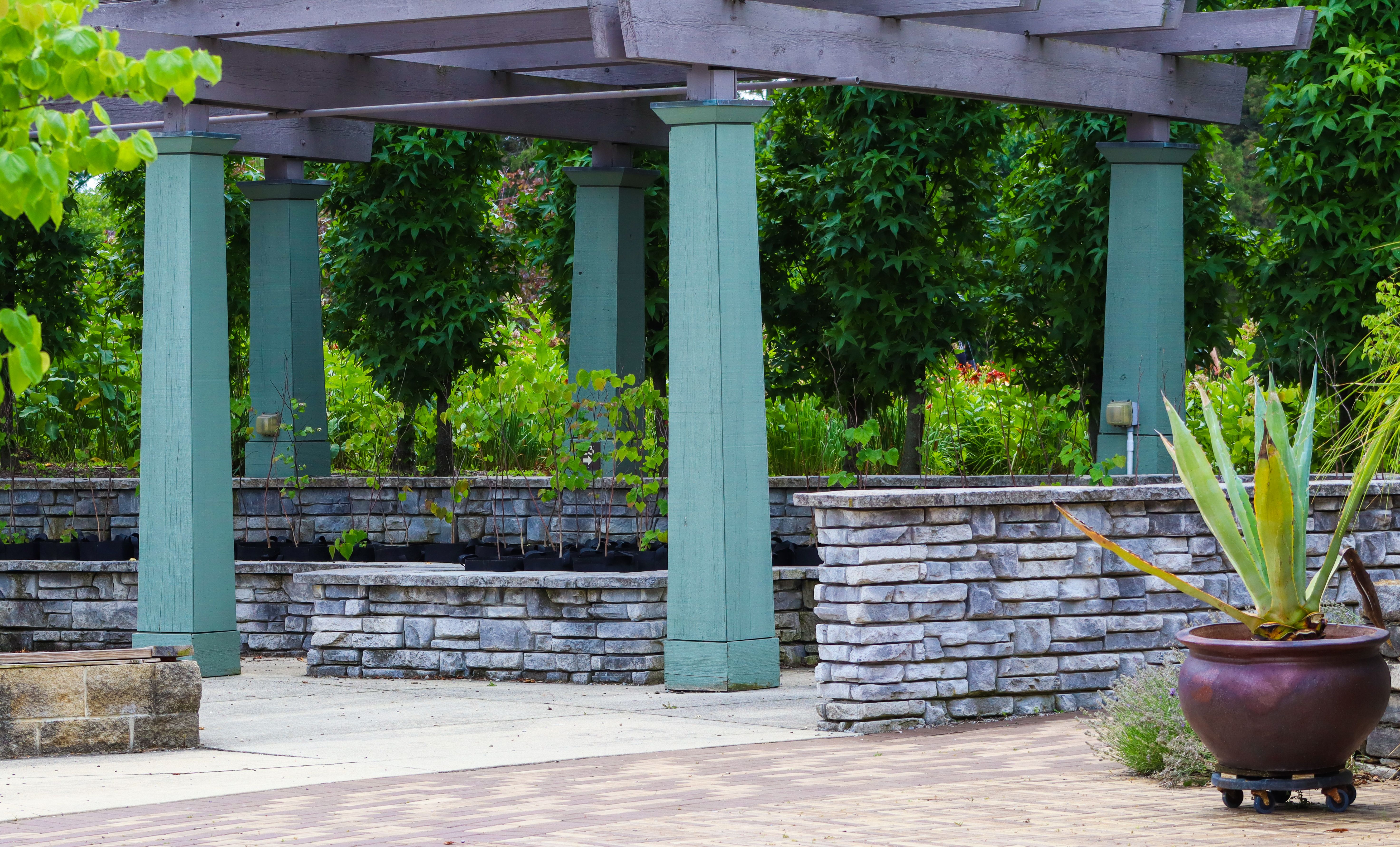Lush garden pergola with stone planters and layered greenery beside a modern home